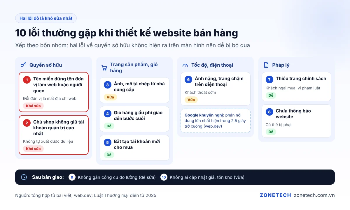 Sơ đồ 10 lỗi thường gặp khi thiết kế website bán hàng chia theo bốn nhóm: quyền sở hữu, giỏ hàng, tốc độ, pháp lý