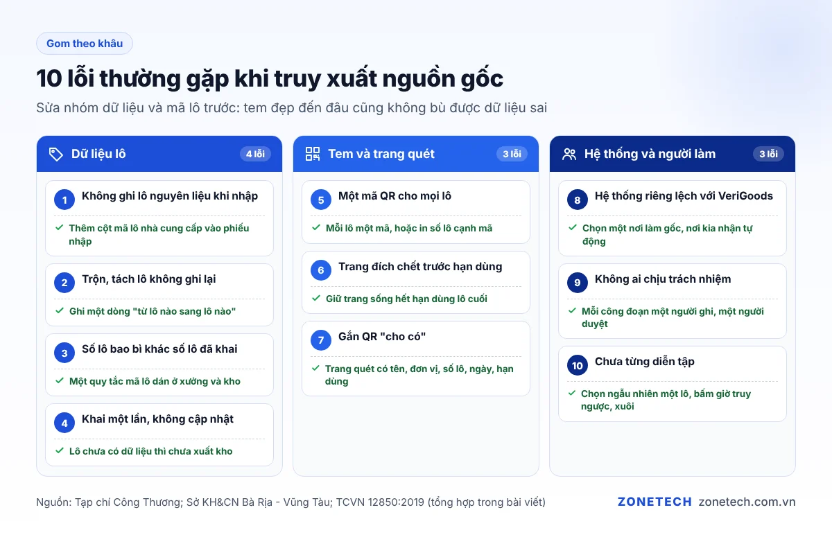 Sơ đồ 10 lỗi thường gặp khi truy xuất nguồn gốc chia theo khâu dữ liệu, tem và hệ thống