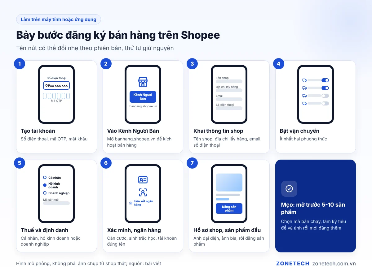 Bảy bước đăng ký bán hàng trên Shopee từ tạo tài khoản đến đăng sản phẩm đầu tiên