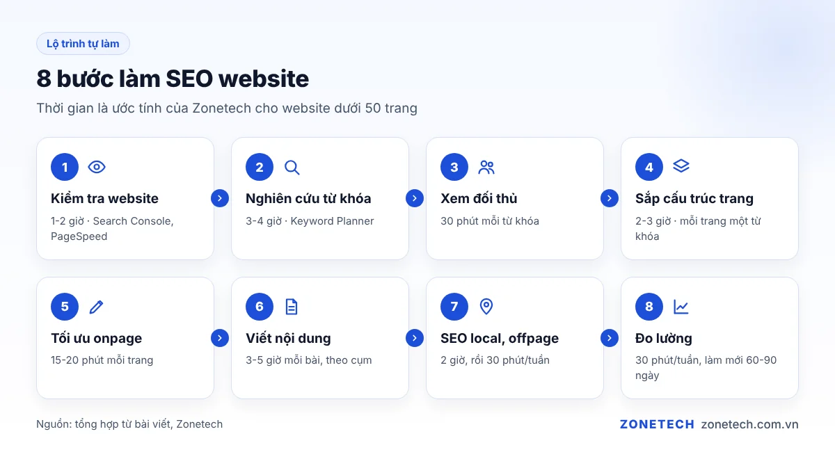 8 bước làm SEO website kèm thời gian và công cụ cho từng bước