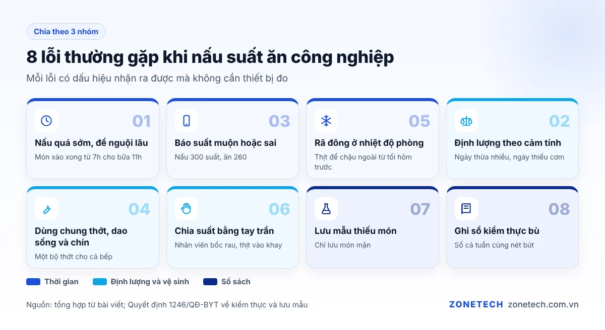8 lỗi thường gặp khi nấu suất ăn công nghiệp chia theo nhóm thời gian, định lượng, vệ sinh và sổ sách