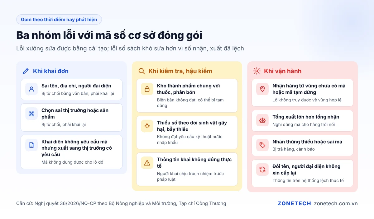 Ba nhóm lỗi mã số cơ sở đóng gói: khi khai đơn, khi kiểm tra hoặc hậu kiểm, khi vận hành
