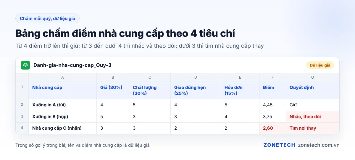 Bảng chấm điểm nhà cung cấp theo 4 tiêu chí giá, chất lượng, giao hàng, hóa đơn