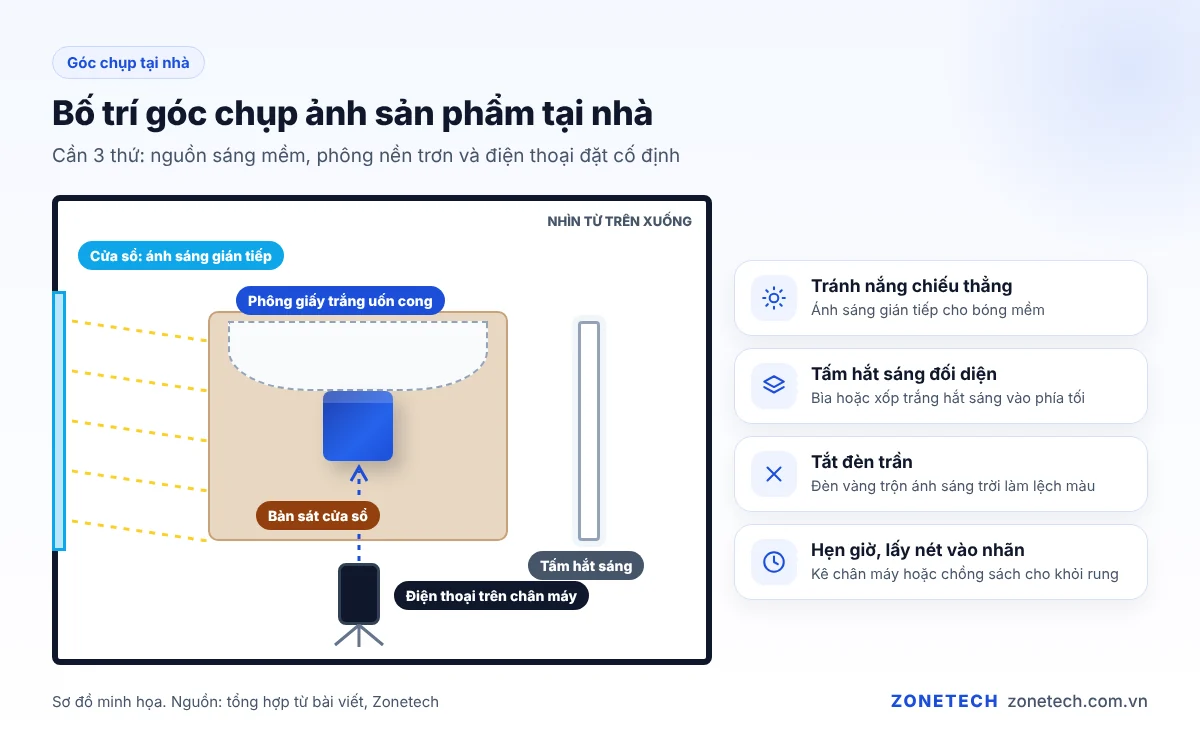 Sơ đồ bố trí góc chụp ảnh sản phẩm tại nhà: bàn sát cửa sổ, tấm hắt sáng, phông nền, điện thoại trên chân máy