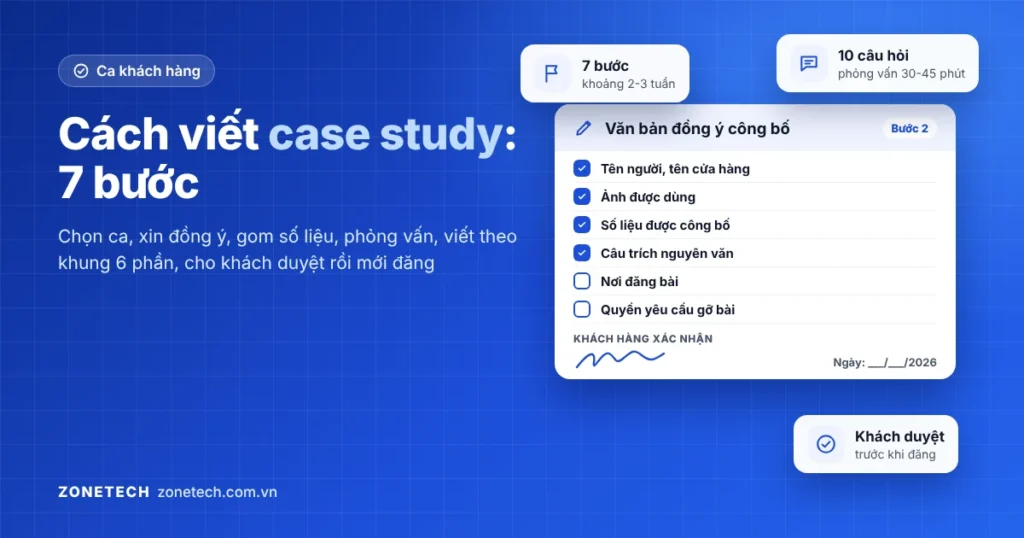 Chủ cửa hàng ngồi phỏng vấn khách hàng để viết case study, trên bàn có sổ ghi chép và bản in số liệu