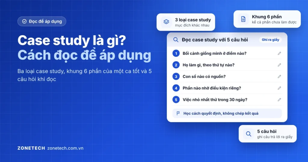 Chủ doanh nghiệp nhỏ đọc một case study kinh doanh và ghi chú các bước áp dụng