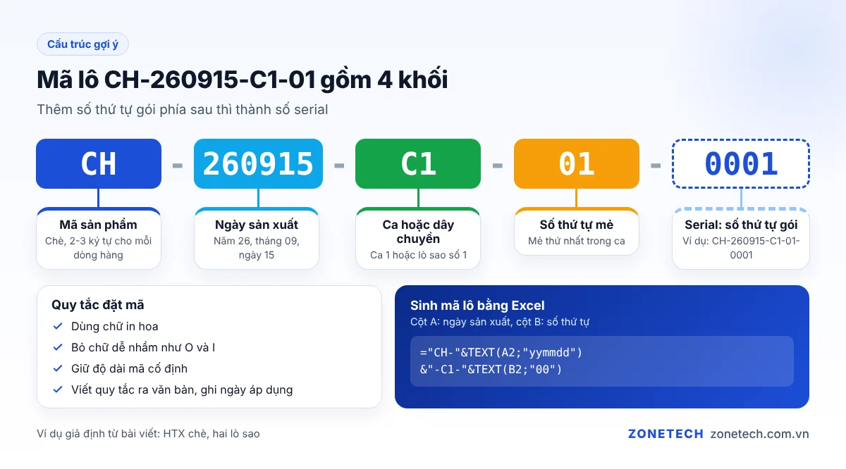 Sơ đồ cấu trúc mã lô gợi ý CH-260915-C1-01: mã sản phẩm, ngày sản xuất, ca, số thứ tự mẻ