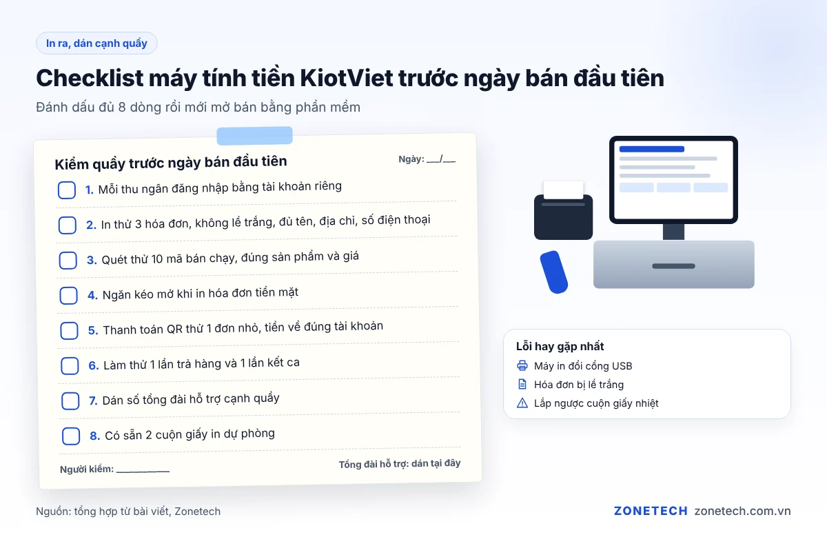 Checklist kiểm máy tính tiền KiotViet trước ngày bán đầu tiên