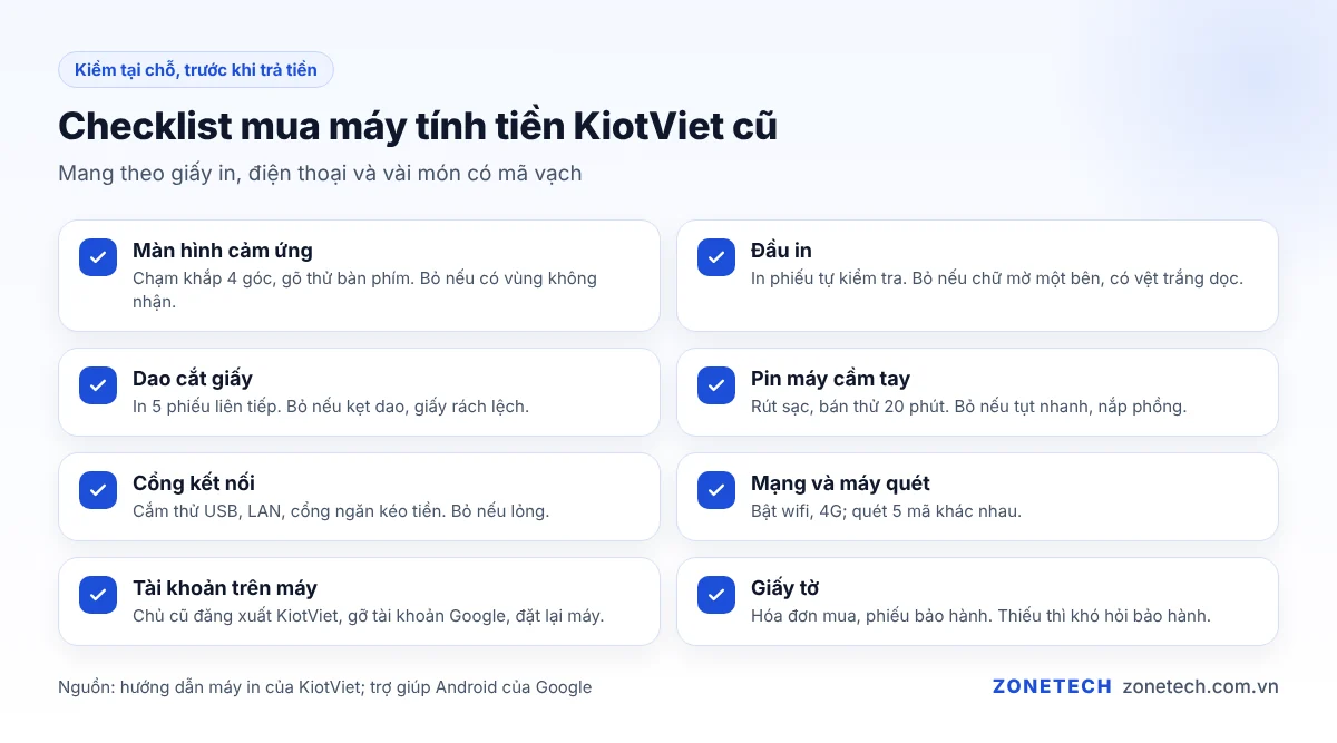 Checklist kiểm máy tính tiền KiotViet cũ: màn hình, đầu in, dao cắt, pin, cổng kết nối, mạng, tài khoản, giấy tờ