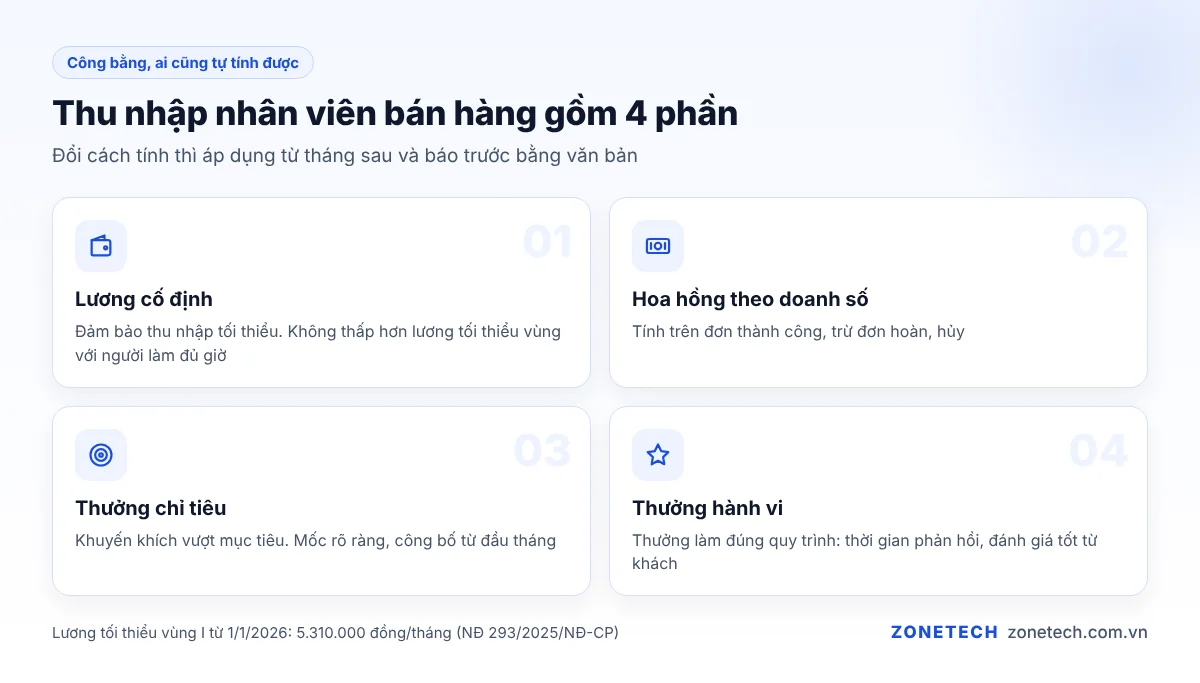 Bốn phần thu nhập của nhân viên bán hàng: lương cố định, hoa hồng, thưởng chỉ tiêu, thưởng hành vi