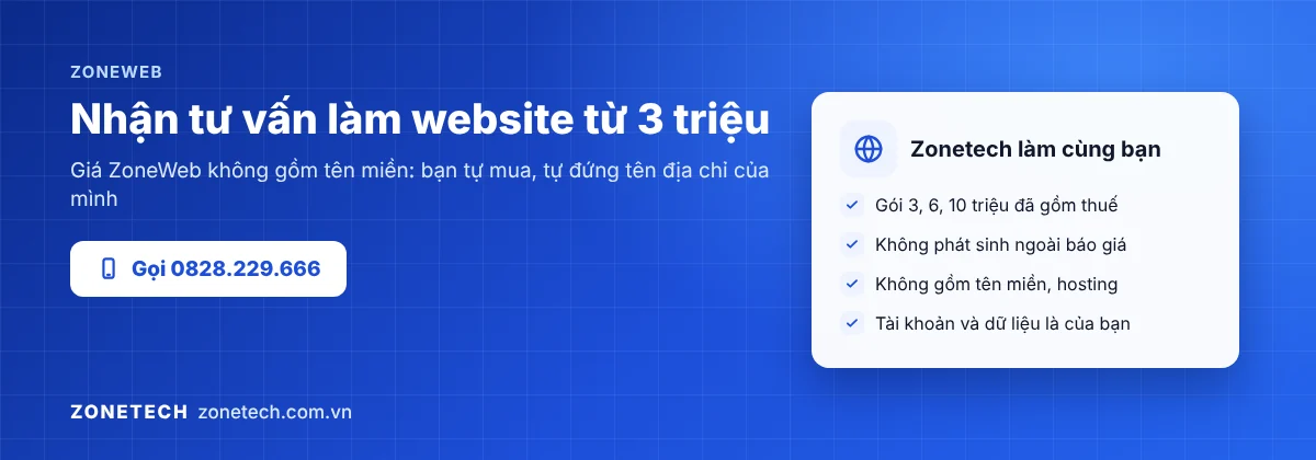 Banner tư vấn làm website bán hàng ZoneWeb, giá không gồm tên miền
