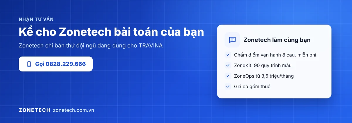 Kể cho ZoneTech bài toán của bạn: chấm điểm vận hành miễn phí, quy trình mẫu ZoneKit và ZoneOps từ 3,5 triệu/tháng