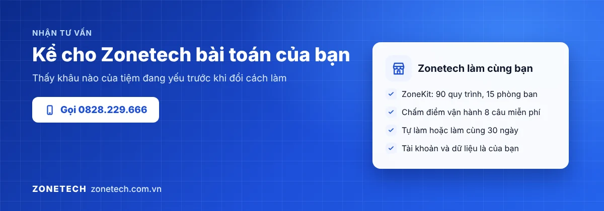Kể cho Zonetech bài toán của bạn: ZoneKit chấm điểm vận hành 8 câu miễn phí và bộ quy trình mẫu