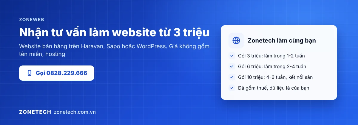 Zonetech nhận tư vấn làm website bán hàng ZoneWeb trên WordPress, Haravan, Sapo từ 3 triệu đồng