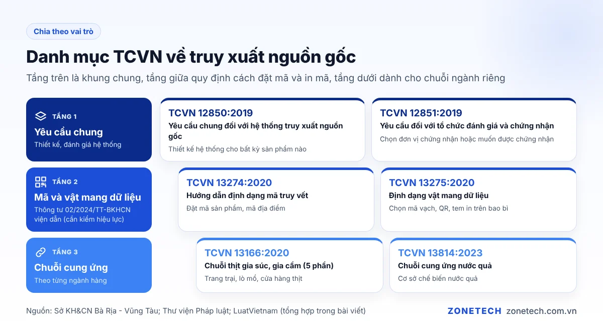 Danh mục các TCVN về truy xuất nguồn gốc chia theo nhóm yêu cầu chung, mã và vật mang dữ liệu, chuỗi cung ứng