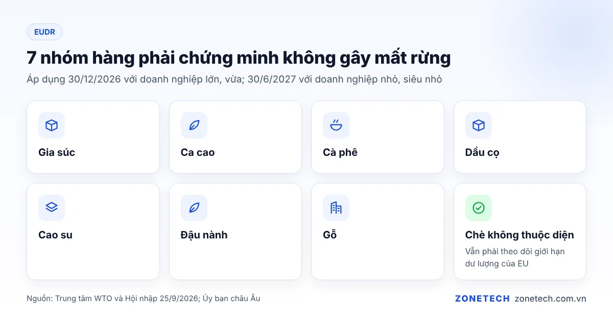 Bảy nhóm hàng thuộc EUDR và mốc áp dụng theo quy mô doanh nghiệp