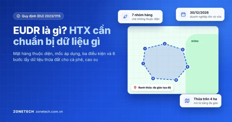 Ảnh bìa EUDR: thửa đất có ranh đa giác tọa độ cạnh rừng, mốc áp dụng 30/12/2026 và 7 nhóm hàng thuộc diện