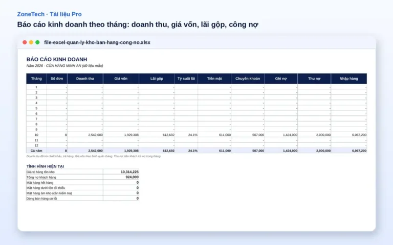 File Excel quản lý kho, bán hàng và công nợ