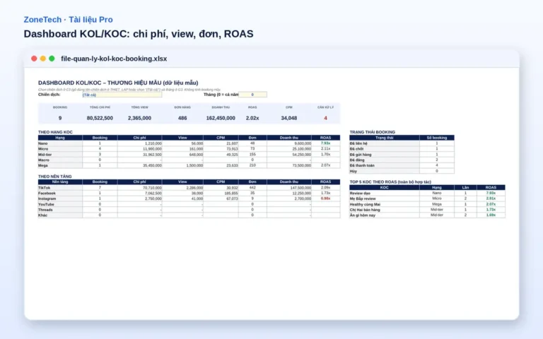 File quản lý KOL, KOC và booking