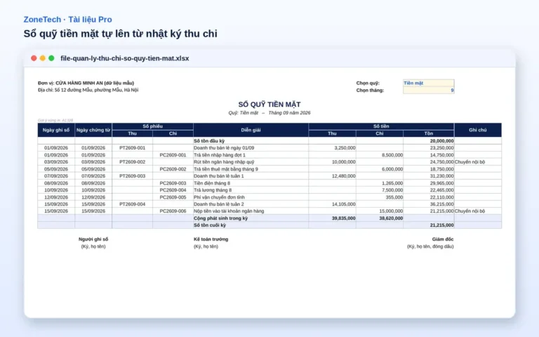 File quản lý thu chi, sổ quỹ tiền mặt