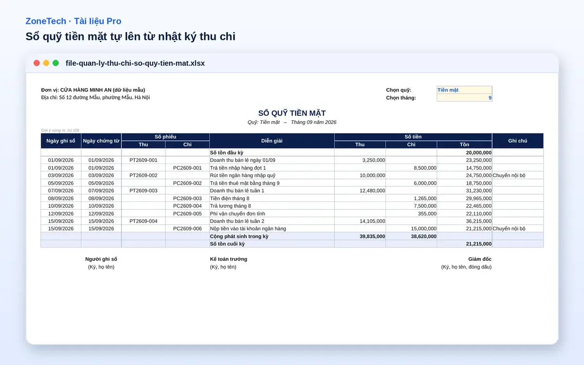 Sổ quỹ tiền mặt tự lập từ nhật ký thu chi trong file Excel quản lý thu chi
