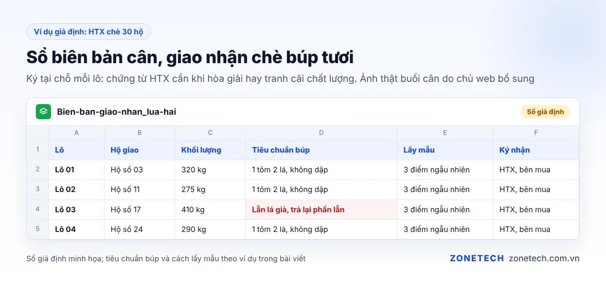 Cân và lập biên bản giao nhận chè búp tươi tại HTX