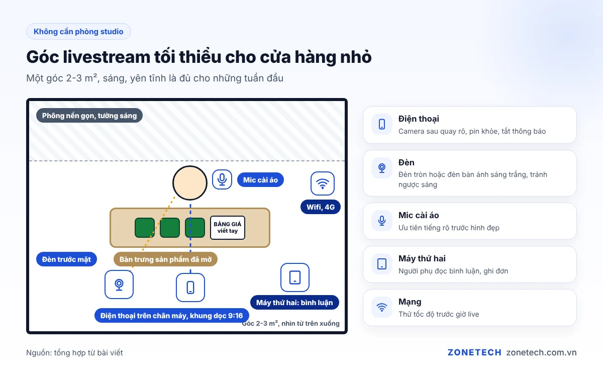 Sơ đồ bố trí góc livestream TikTok tối thiểu với điện thoại, đèn, mic và bàn trưng sản phẩm