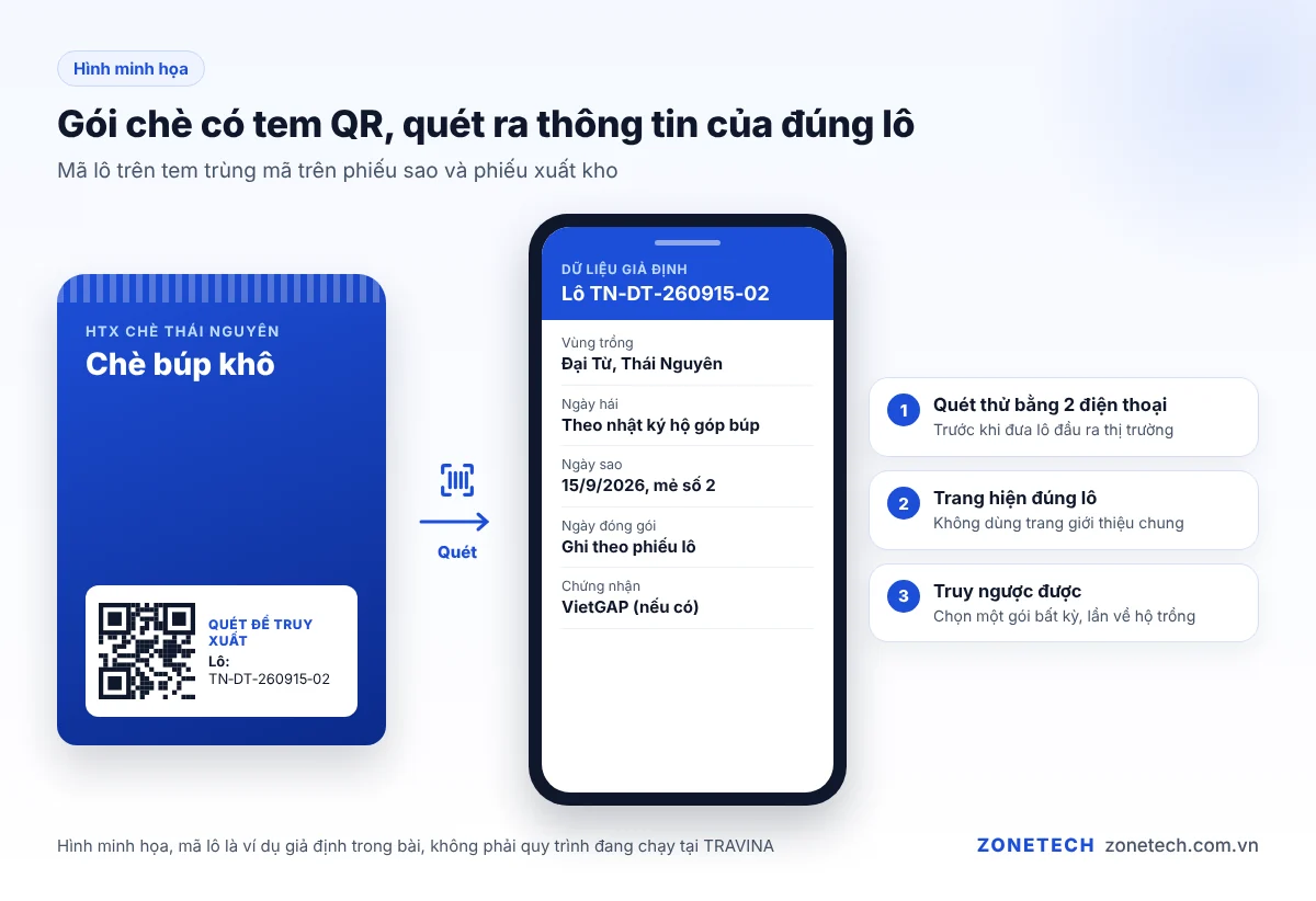 Gói chè có tem QR và màn hình điện thoại hiển thị thông tin lô khi quét