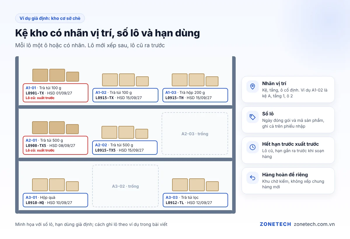 Kệ kho nhỏ có nhãn vị trí và mã lô cho từng ô hàng