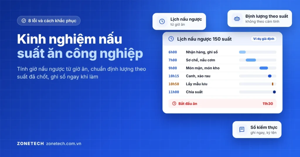 Ảnh bìa kinh nghiệm nấu suất ăn công nghiệp: lịch nấu ngược cho bếp 150 suất, giờ ăn 11h30