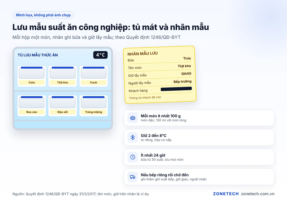 Hộp lưu mẫu thức ăn có nhãn trong tủ mát 2 đến 8 độ C tại bếp suất ăn công nghiệp