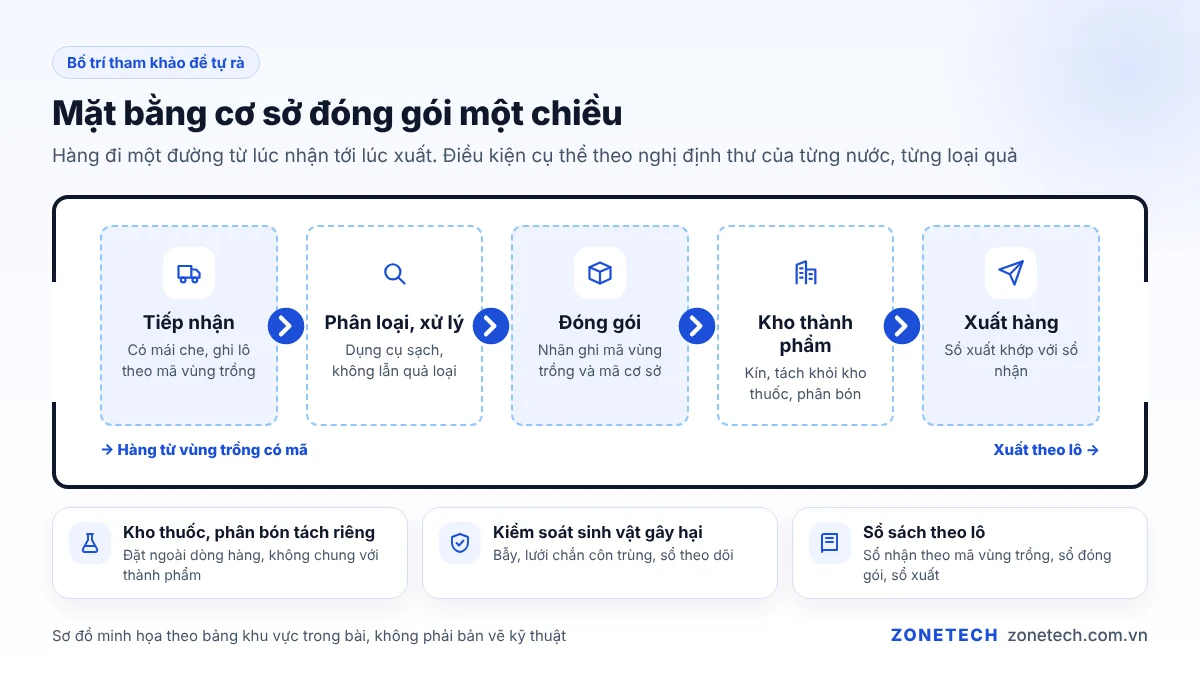 Sơ đồ mặt bằng cơ sở đóng gói một chiều: tiếp nhận, phân loại, đóng gói, kho, xuất hàng