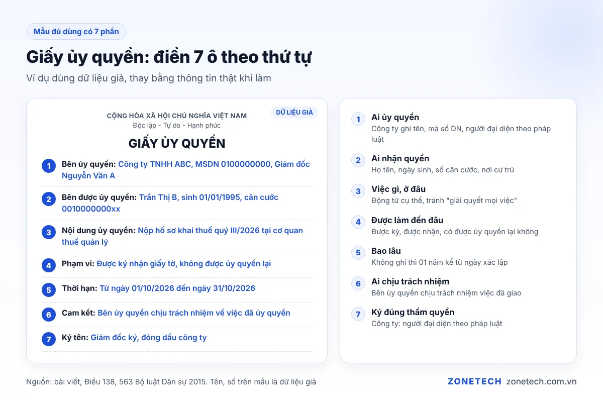 Mẫu giấy ủy quyền công ty điền dữ liệu giả, đánh số các ô cần ghi