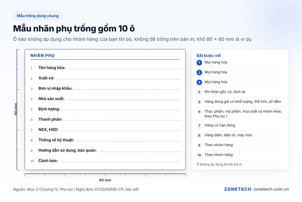 Mẫu nhãn phụ hàng hóa nhập khẩu trống gồm 10 ô từ tên hàng đến cảnh báo