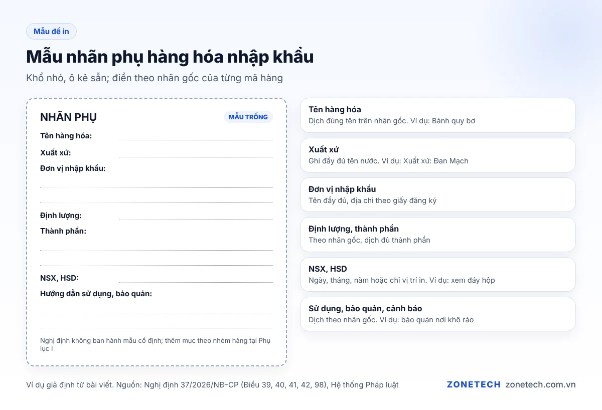 Mẫu nhãn phụ hàng hóa nhập khẩu trống có các ô điền tên hàng, xuất xứ, đơn vị nhập khẩu, NSX, HSD