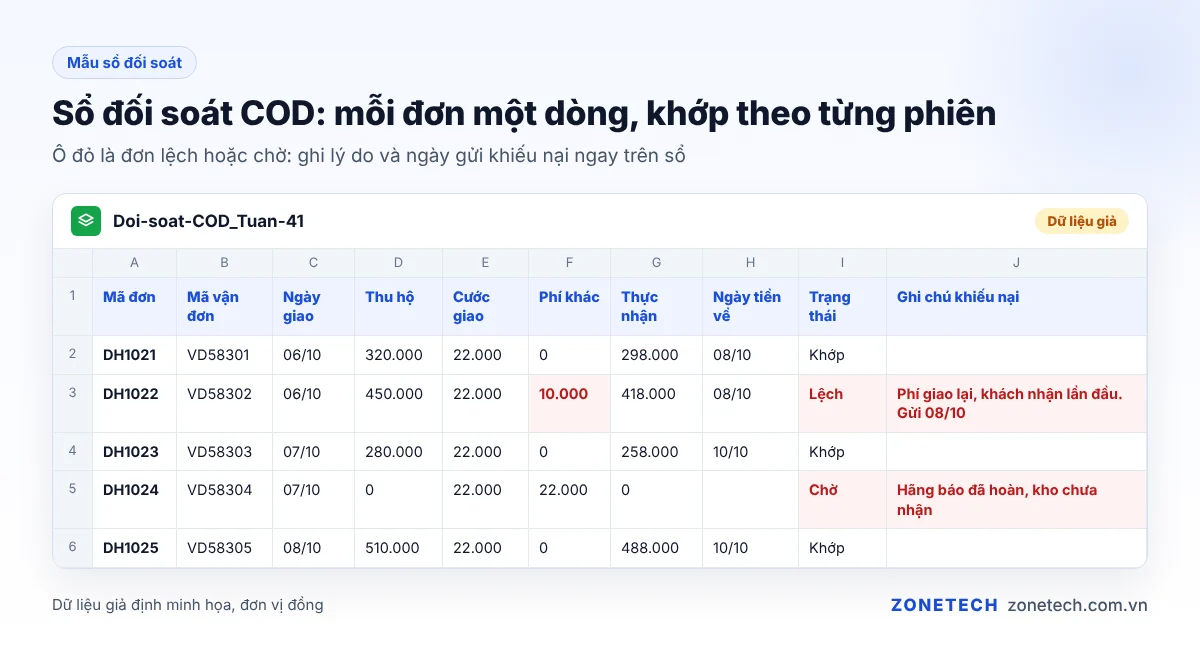 Mẫu sổ đối soát COD hằng tuần trên bảng tính