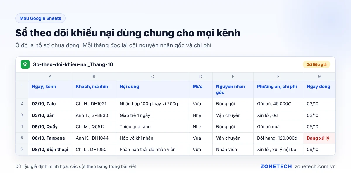 Mẫu sổ theo dõi khiếu nại khách hàng trên Google Sheets với dữ liệu giả