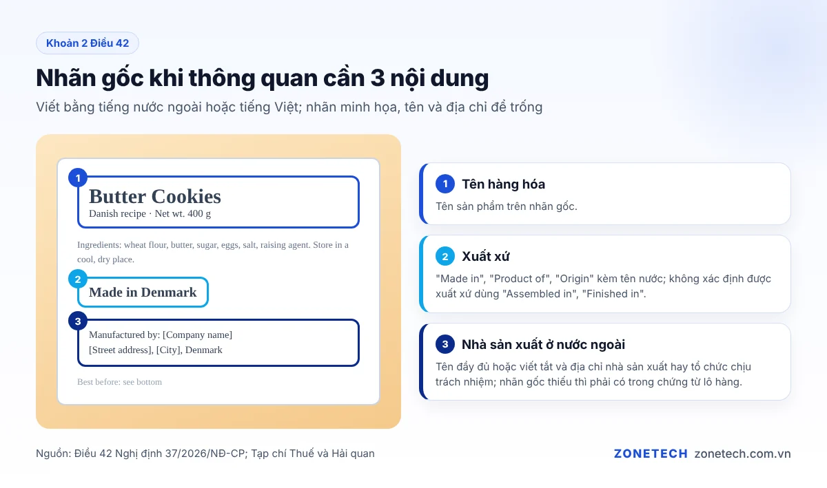 Nhãn gốc hàng nhập khẩu khoanh 3 nội dung bắt buộc khi thông quan: tên hàng, xuất xứ, nhà sản xuất