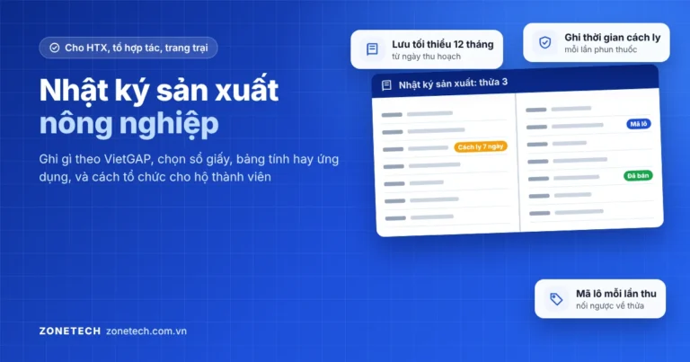 Ảnh bìa nhật ký sản xuất nông nghiệp: cuốn sổ ghi theo thửa có cột thời gian cách ly và mã lô, lưu tối thiểu 12 tháng theo VietGAP