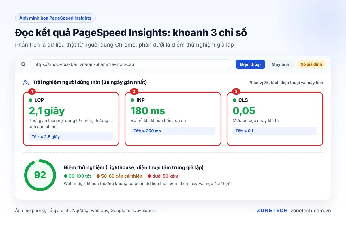 Kết quả PageSpeed Insights có chú thích LCP, INP, CLS