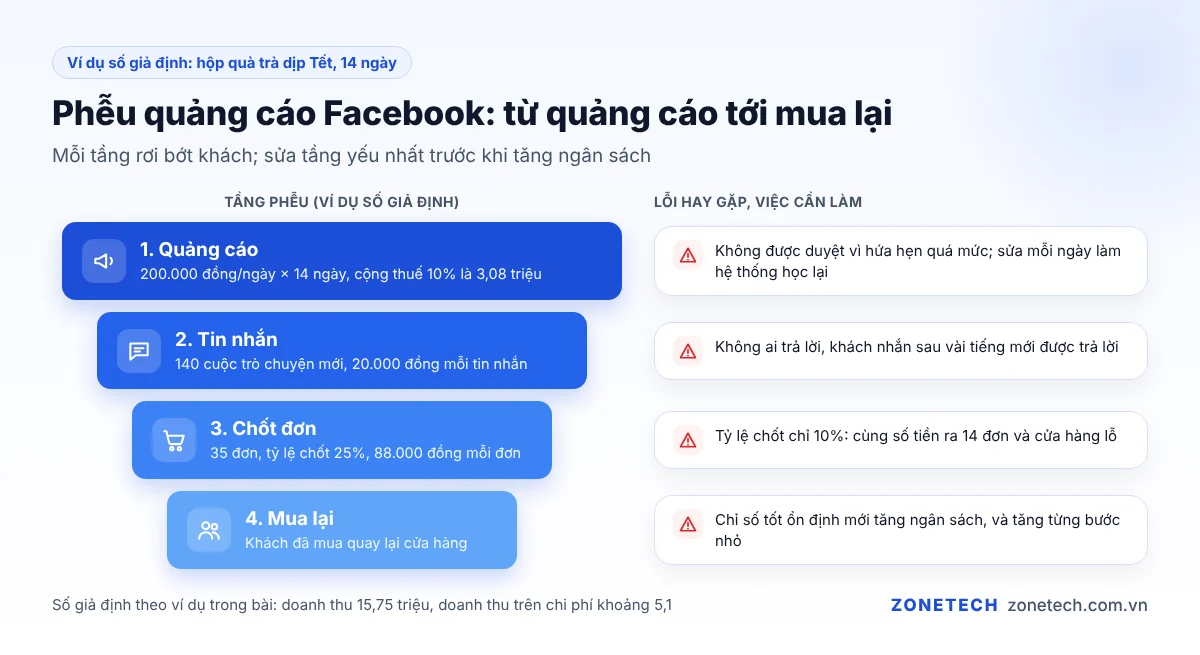 Sơ đồ phễu quảng cáo Facebook: quảng cáo, tin nhắn, chốt đơn, mua lại
