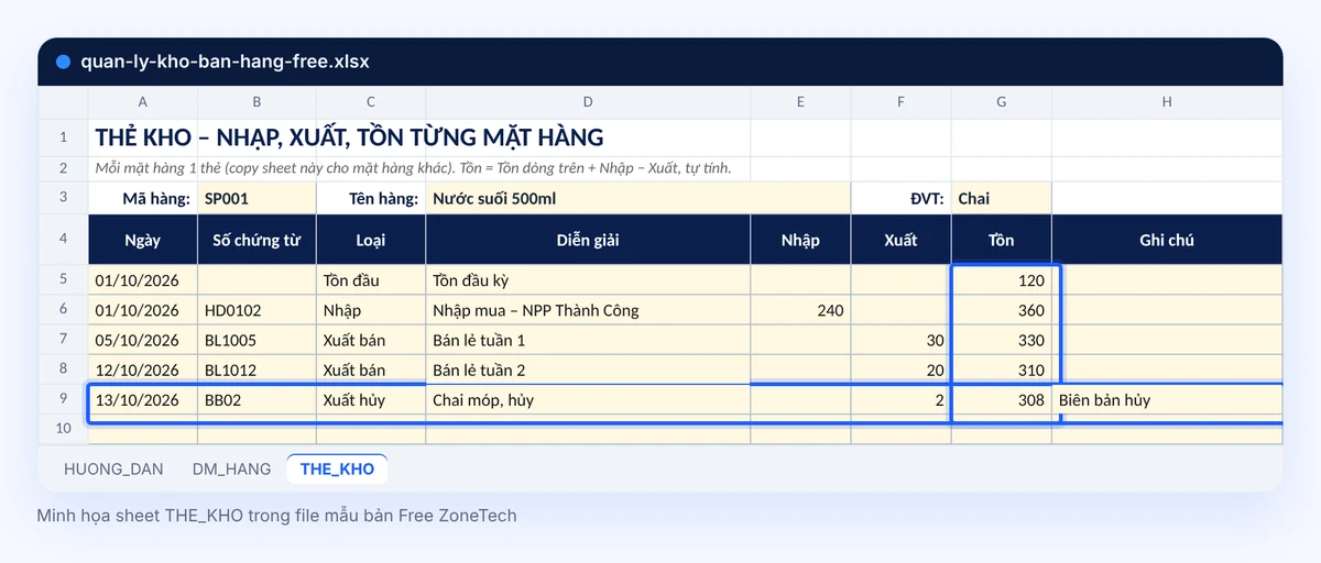 Sheet THE_KHO trong file mẫu bản Free: dòng Xuất hủy chai móp và cột tồn tính tay