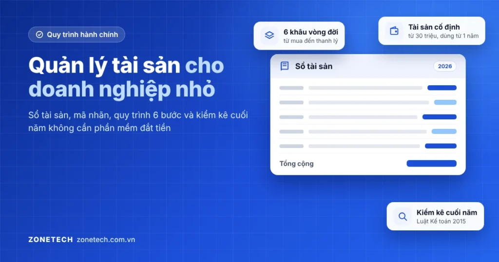 Ảnh bìa quản lý tài sản cho doanh nghiệp nhỏ: sổ tài sản, vòng đời 6 khâu và kiểm kê cuối năm