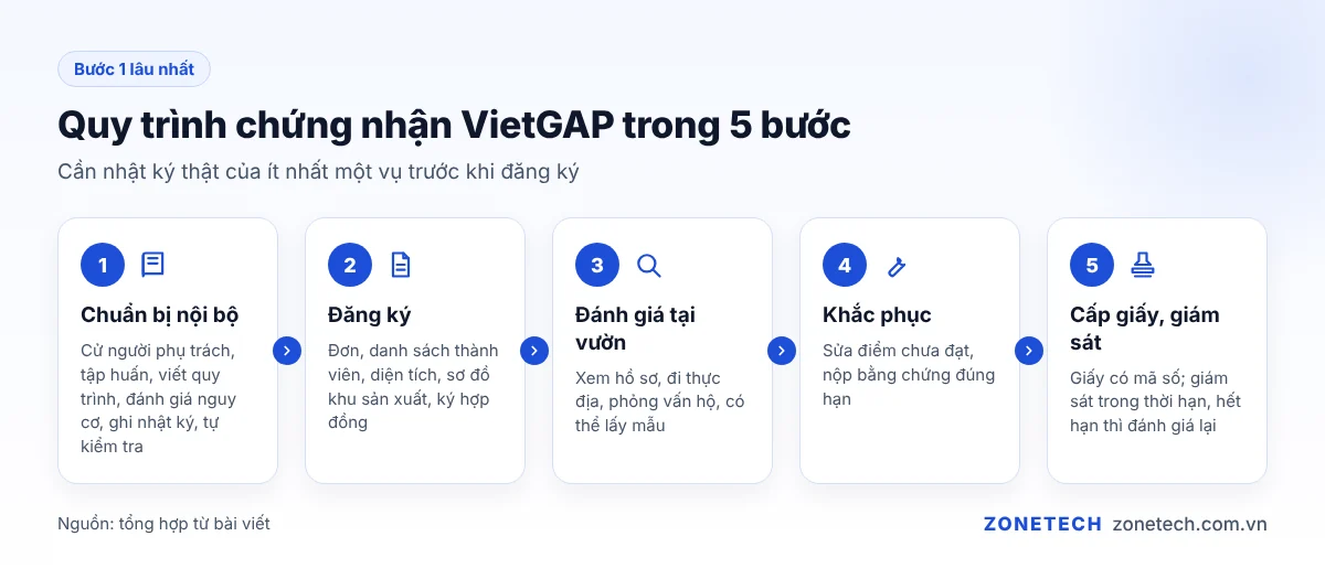 Sơ đồ quy trình chứng nhận VietGAP 5 bước từ chuẩn bị nội bộ đến cấp giấy và giám sát