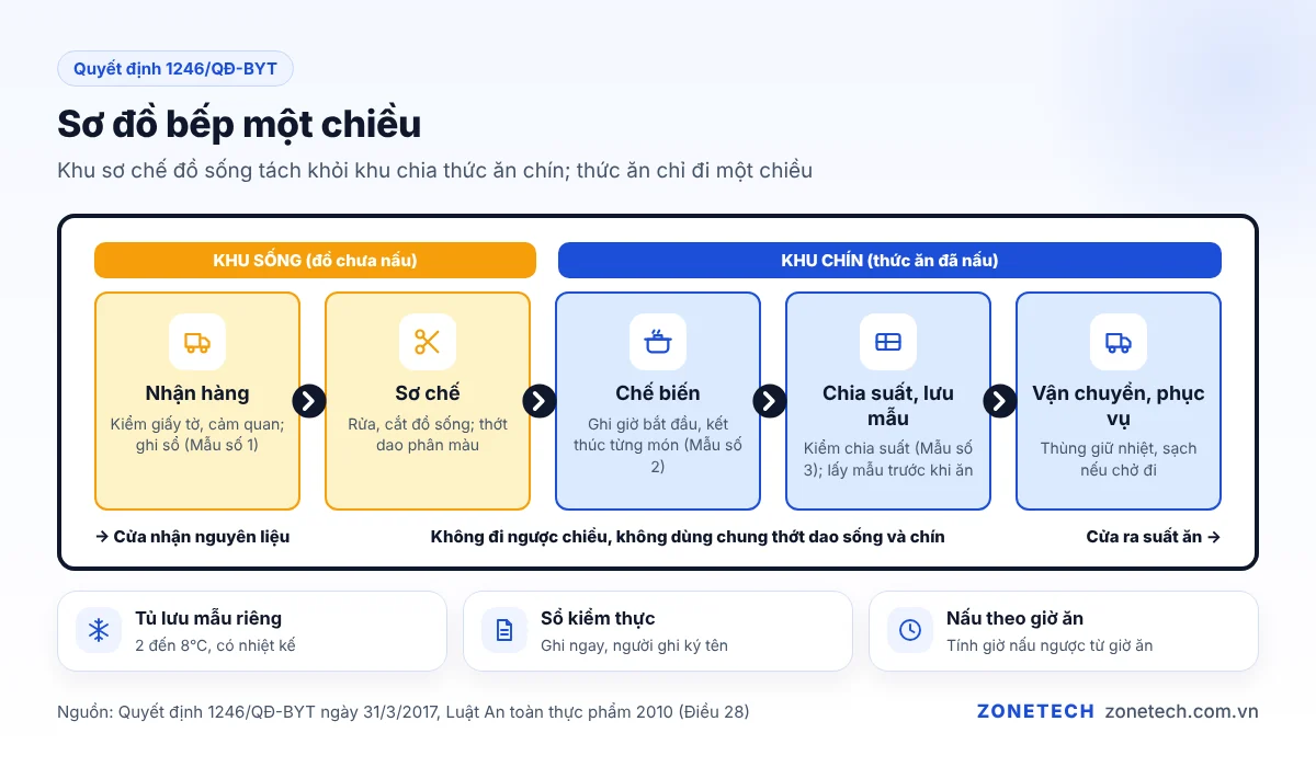 Sơ đồ bếp một chiều: nhận hàng, sơ chế, chế biến, chia suất, vận chuyển