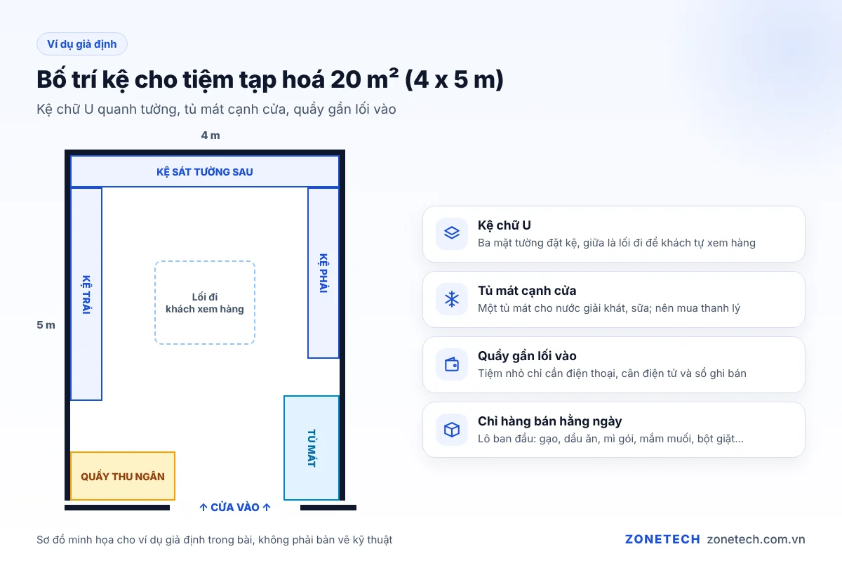 Sơ đồ bố trí kệ cho tiệm tạp hoá 20 m² ở nông thôn