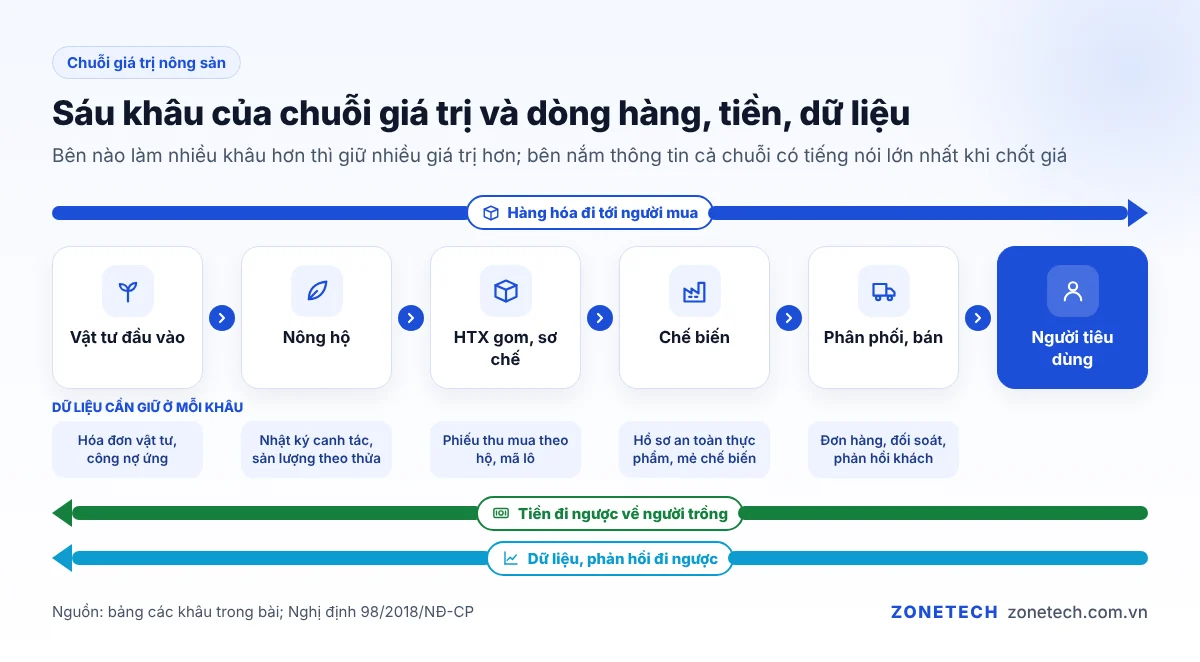 Sơ đồ chuỗi giá trị nông sản: vật tư đầu vào, nông hộ, HTX sơ chế, chế biến, phân phối, người tiêu dùng