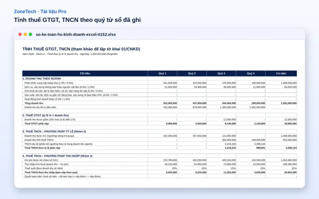 Sheet tính thuế GTGT, TNCN theo quý trong mẫu sổ kế toán hộ kinh doanh Excel