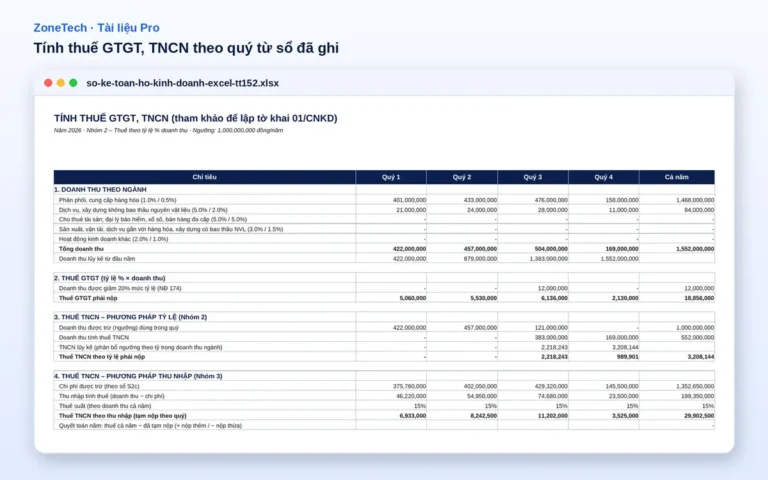 Sổ kế toán hộ kinh doanh Excel (TT 152/2025)