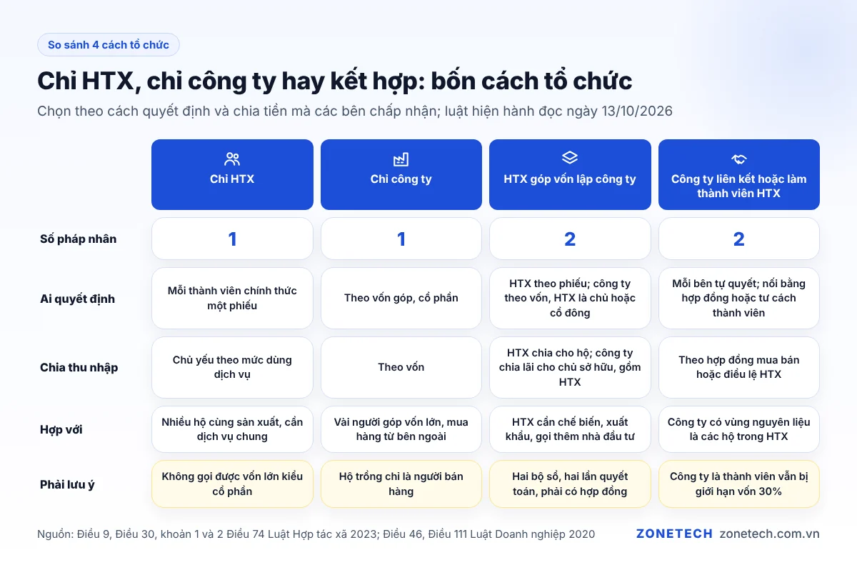 Bảng so sánh 4 cách tổ chức: chỉ HTX, chỉ công ty, HTX góp vốn lập công ty, công ty liên kết HTX